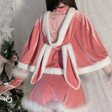 Pink Women Christmas Nightdress Sexy Lingerie Set Santa V-neck Dress Party Plush Erotic Costumes Cosplay Bunny Girl Cute Cloak