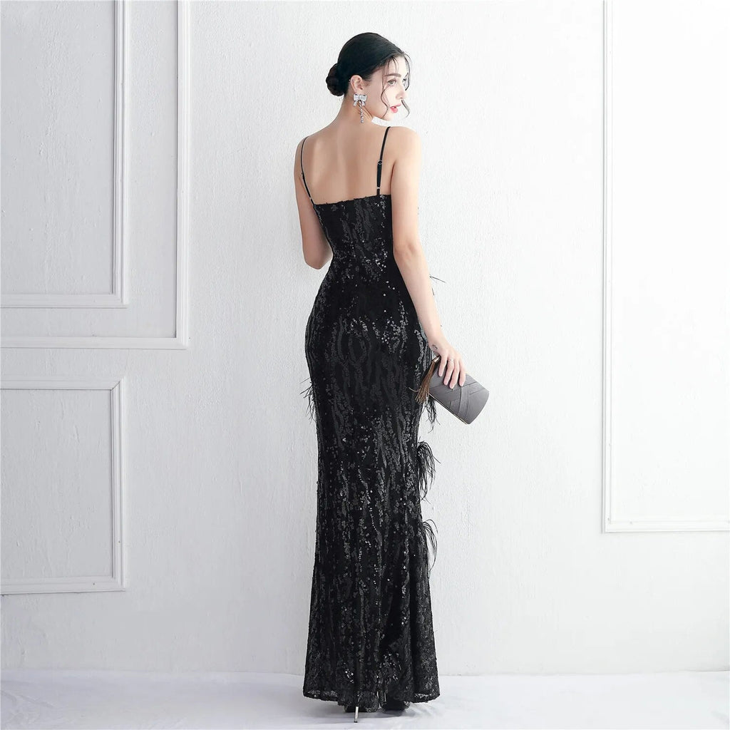 Women Sexy Slit Party Maxi Dress Strap V Neck Feather Evening Black Sequin Long Prom Dress