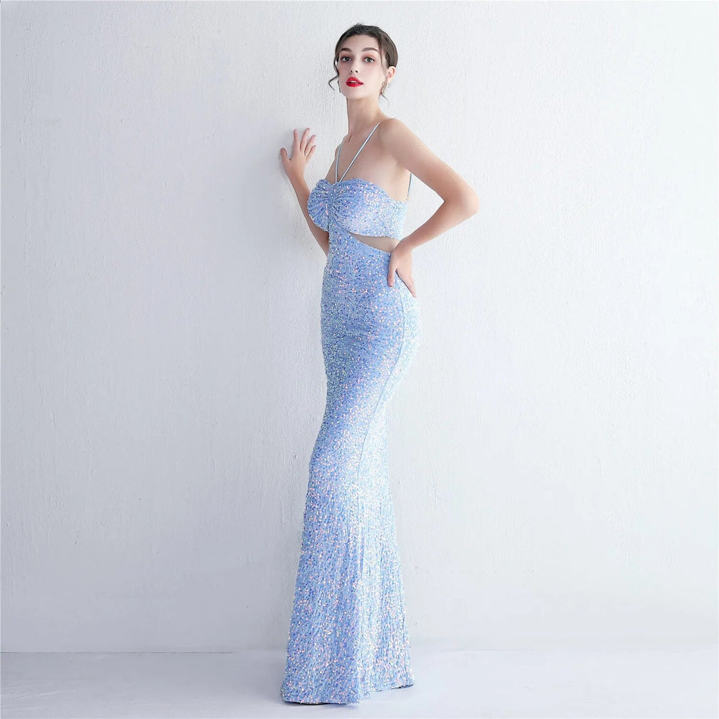 Blue Sequin Backless Sexy Bar Long Party Evening Dresses Luxury Velvet Stretch Off Shoulder Cocktail Prom Dress