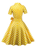 Retro Polka Dot Rockabilly Yellow Dress Women Short Sleeve V Neck Belted A Line Summer Party 50s Vintage Dresses