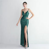 Women Backless Navy Sequin Strap Beading Party Maxi Dress Sexy Slit Evening Dress Long Prom Dress