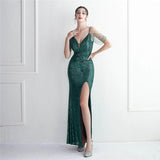 Women Backless Green Sequin Dress Strap Beading Party Maxi Dress Sexy Slit Evening Long Prom Dress