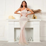 Women New Design Slash Neck Party Maxi Dress One Shoulder Sequin Evening Long Prom Dress