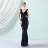 Women Deep V Neck Burgundy Sequin Long Prom Evening Dress Sexy Party Maxi Dress