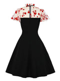 Stand Collar Floral Mesh Elegant Party Women Button Front 50s Vintage Retro Short Sleeve Summer Swing Dress