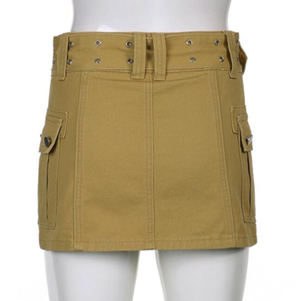 Y2K Aesthetics Basic Belted Low Waist Micro Sexy Pockets Khaki Cargo Skirt Cute Bottoms Clubwear