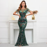 illusion Mesh Gold Sequin Evening Sexy Party Maxi Dress Women Beading Dress Long Prom Dress