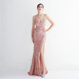 Pink Sequin Backless Sexy Slit Long Party Evening Dresses Luxury V Neck Velvet Stretch Sleeveless Cocktail Prom Dress