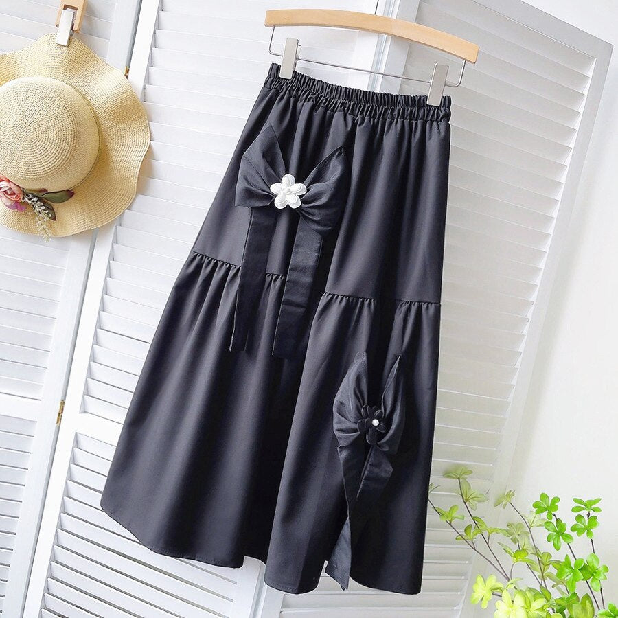 Women Slim A-Line Sweet Casual Floral Elastic High Waist Bow-knot Skirts Outwear