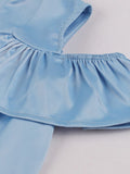 V-Neck Cold Shoulder Ruffle Sleeve Button Up Blue Elegant Evening Robe Women Summer Vintage Style Pleated Dress