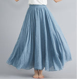 Cotton and Linen Elastic Waist Linen A-line Skirt Long Solid Color Ethnic Dress