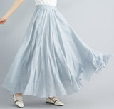 Cotton and Linen Elastic Waist Linen A-line Skirt Long Solid Color Ethnic Dress