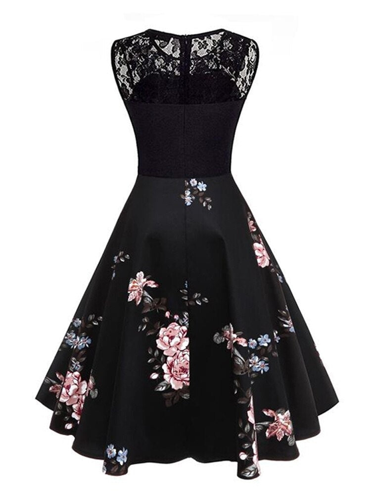 Contrast Lace Sleeveless Vintage Floral Summer Elegant Women Knee Length A-Line Black Dress