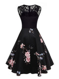 Contrast Lace Sleeveless Vintage Floral Summer Elegant Women Knee Length A-Line Black Dress