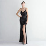 Women Sexy Slit Party Maxi Dress Strap V Neck Evening Dress Pink Sequin Dress Long Prom Dress