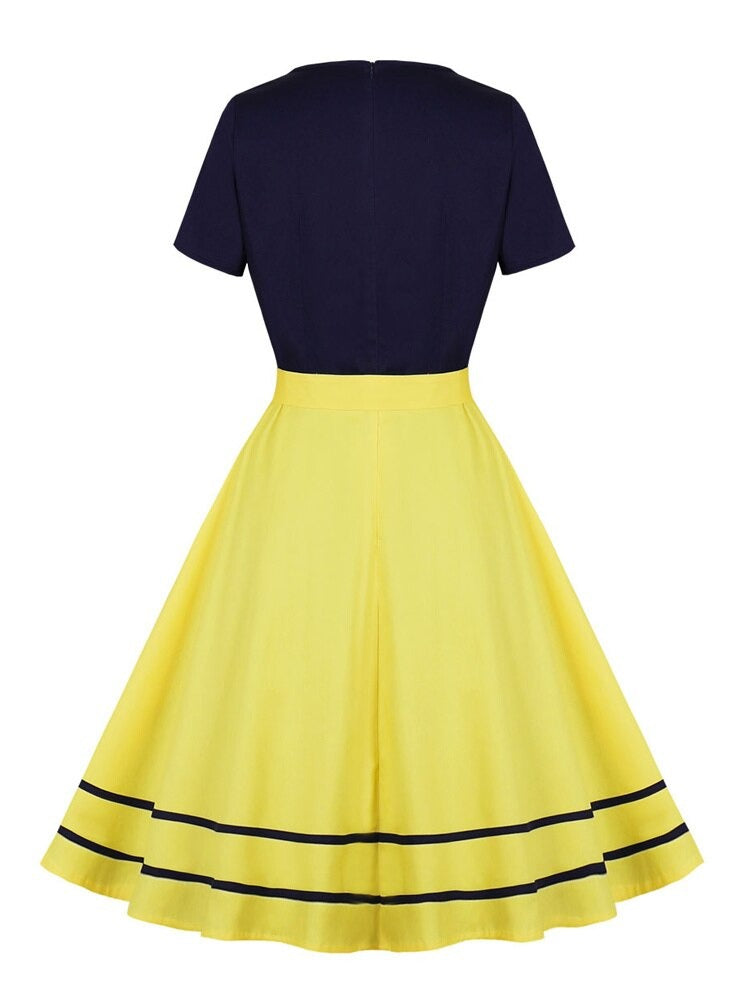 Navy Blue and Yellow Keyhole Front Short Sleeve A-Line Vintage Women Cotton Belted Summer Swing Midi Dress