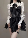 Lace Kawaii Lolita Mini Dress Set Punk Harajuku Aesthetic Black Goth Kpop Korean Dress