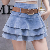 Ruffle Layer Bottom Retro Women Summer Girls High Waist Short Jeans Cake Pleated Mini Denim Skirts