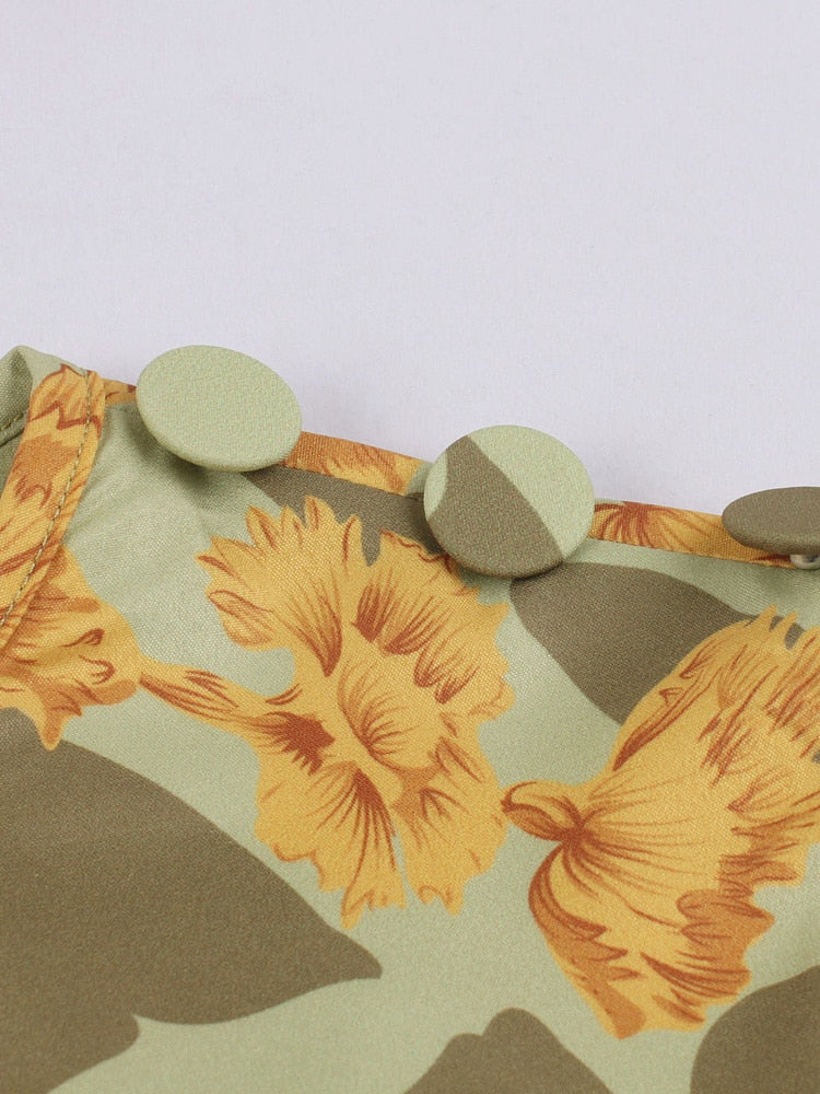 Yellow Floral Print Buttons High Waist Pinup 50s Vintage Sleeveless Summer Women Retro Pleated Dress