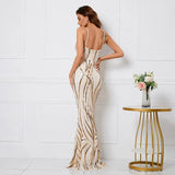 Women Strap Party Maxi Dress Sexy V Neck Evening Dress Gold Sequin Long Prom Dress