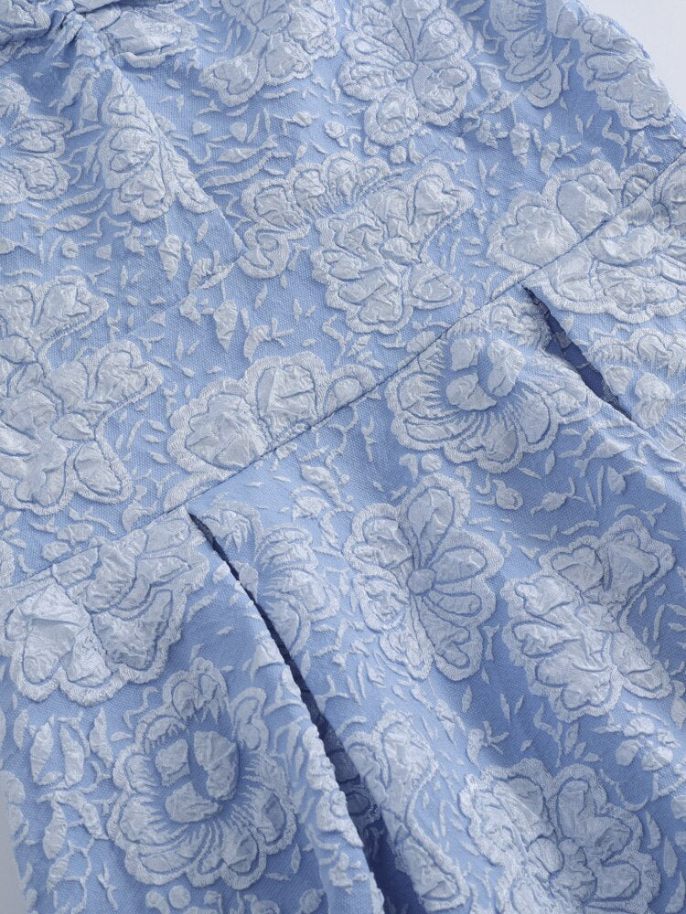 Blue V-Neck Puff Sleeve Floral Elegant Women Vintage Style Evening Robe Pleated Pocket Midi Dresses