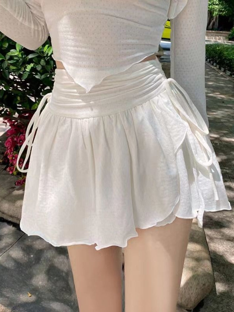 Summer White Sweet Shirring Chic Party Mini Ruffle Flounce Korean Irregular Slim Skirt