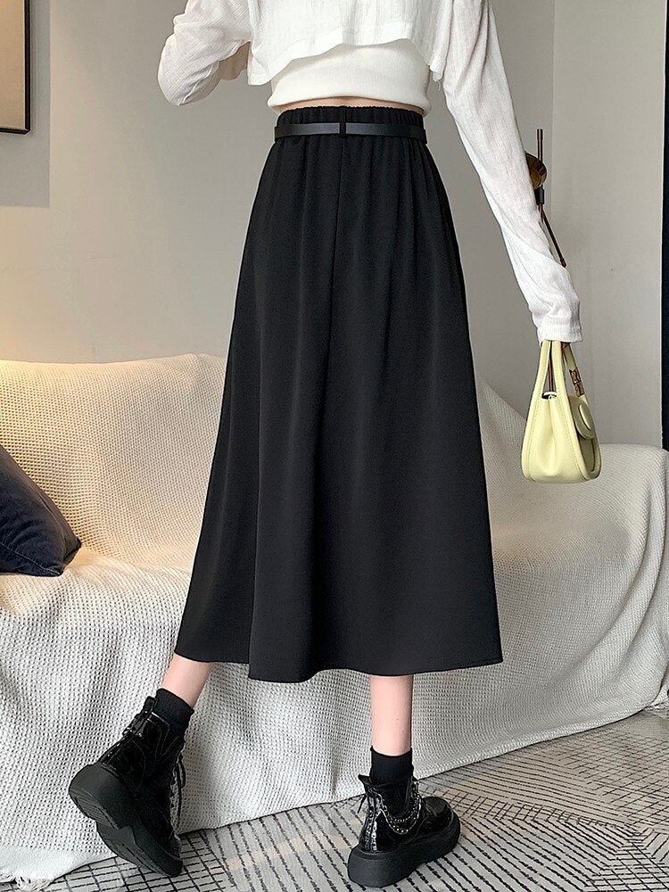 High Waist Women Casual Skirts Fashion Korean Style Plain Color All-match Loose Ladies Elegant A-line Long Skirt