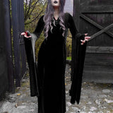 Halloween Party Long Black High Waist Flared Sleeve Lace Cutout Gothic Maxi Street Aesthetic Clubwear Maxi Dress