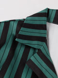 Black Green Striped Women Vintage Retro Dress Notched Collar Single Breasted Pleated Formal Elegant Party Dresses