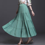 Korean Office Long Summer Women Casual Loose Large Swing Solid High Waist A Line Pleated Skirts