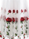 Rose Floral Embroidered V-Neck Elegant Party Dress Pleated Mesh Overlay Women Short Sleeve Vintage Summer Dresses