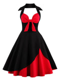 Knot Front Sexy V-Neck Halter Party Women Vintage 50s Pinup Black and Red Two Tone Backless Cotton Dresses