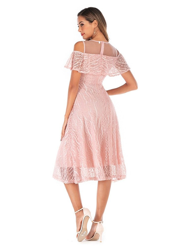 Mesh O-Neck Ruffle Trim Cold Shoulder Elegant Robe Lace Long Summer Elegant Party Vintage Swing Dresses