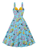 Sexy V-Neck Bird and Floral Print Pinup 50s Yellow Patchwork Rockabilly Women Spaghetti Strap Vintage Dress