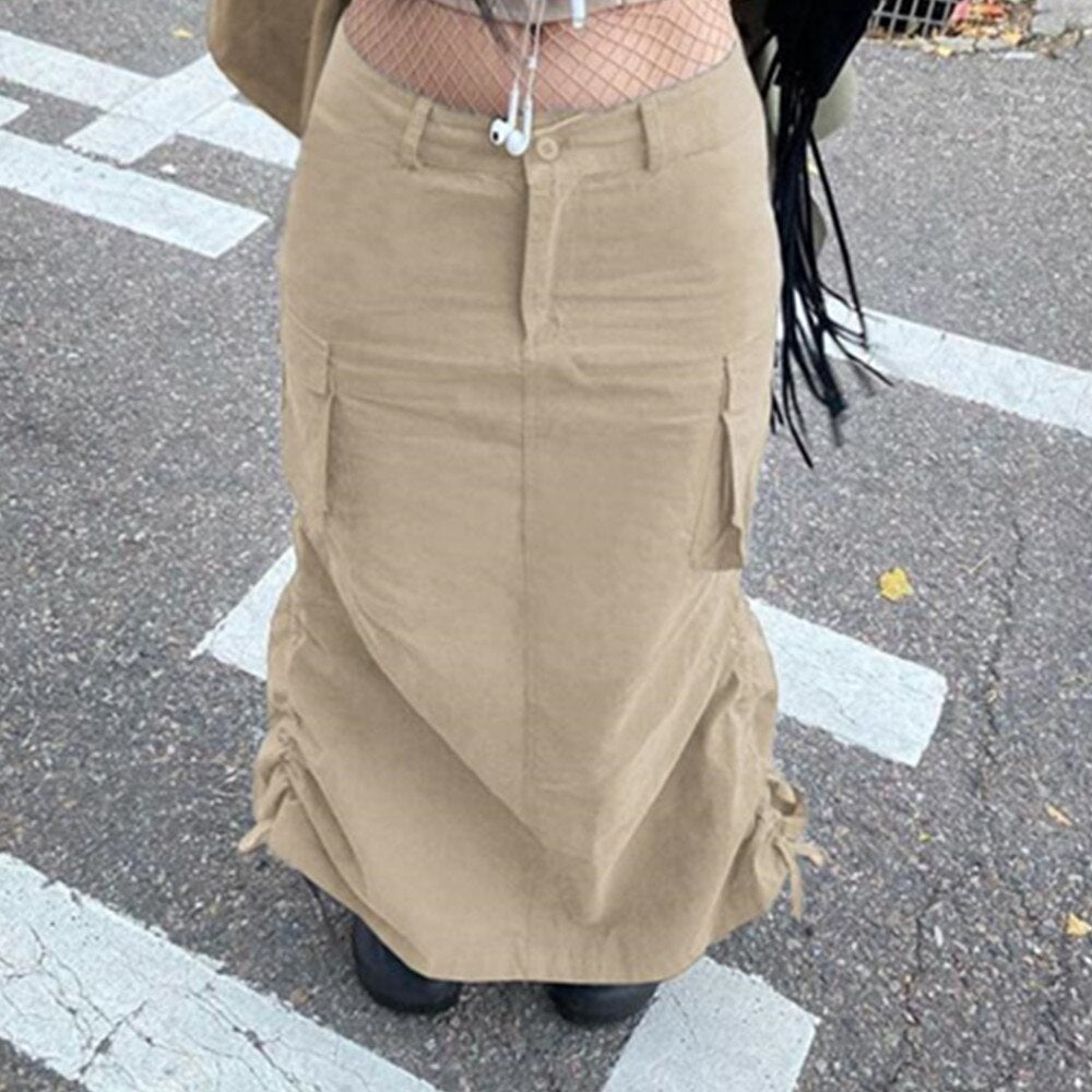 y2k Grey Retro Long Skirts Prepply Baggy Cargo Patchwork Ruched Midi Skirts Women Streetwear Pockets Korean Skirts 90s Vintage