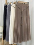 A Line Mesh Midi Skirt With Chain Belt Elastic High Waist Solid Casual Pleated Skirt