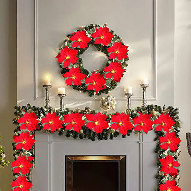 Poinsettia Christmas Flowers Garland String Lights Xmas Tree Ornaments Indoor/Outdoor Party Christmas Decoration Navidad