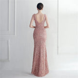 Women Beading Deep V Neck Velour Sequin Evening Sexy Party Maxi Dress Long Prom Dress