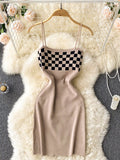 Straight Neckline Sleeveless Check Knitted Mini Dress Summer Spaghetti Strap Sexy Bodycon Dress