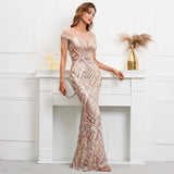 illusion Mesh Gold Sequin Evening Sexy Party Maxi Dress Women Beading Dress Long Prom Dress