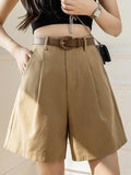 Women High-Waisted Casual Loose A-line Wide Leg Belt Straight Shorts Cargo Pants