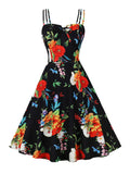 Vintage Floral Spaghetti Strap Bow Front Summer Women Holiday Beach Outfits Elegant Party Dress