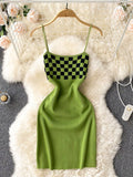 Straight Neckline Sleeveless Check Knitted Mini Dress Summer Spaghetti Strap Sexy Bodycon Dress