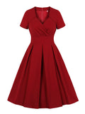 Elegant V-Neck Wrap High Waist Women 50s Pleated Vintage Burgundy Color Slim A Line Summer Swing Dresses