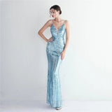 Women Strap Party Maxi Dress Light Green Sexy V Neck Evening Dress Sequin Long Prom Dress