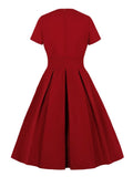Elegant V-Neck Wrap High Waist Women 50s Pleated Vintage Burgundy Color Slim A Line Summer Swing Dresses