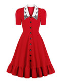 Floral Embroidered Peter Pan Collar Button Up Red Vintage Women Short Sleeve Ruffle Hem Elegant Midi Dress