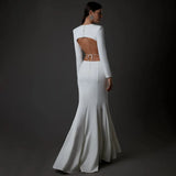 Long Sleeve Sexy Backleess Satin Party Dress Floor Length White Color Evening Party Maxi Celebrity Dress