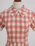 Peter Pan Collar Puff Sleeve Plaid Rockabilly Pockets Swing Dress Vintage Robe Women 1950s Elegant Midi Dresses