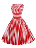 Red and White Striped High Waist Rockabilly Vintage Cotton Dresses Women O-Neck Sleeveless Pinup 50s Pleated Dress